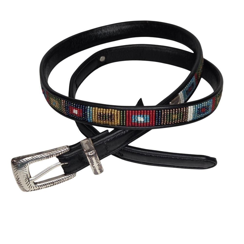 Brighton Black Leather Beaded Belt XL Southwestern Square Conchos Silver Buckle